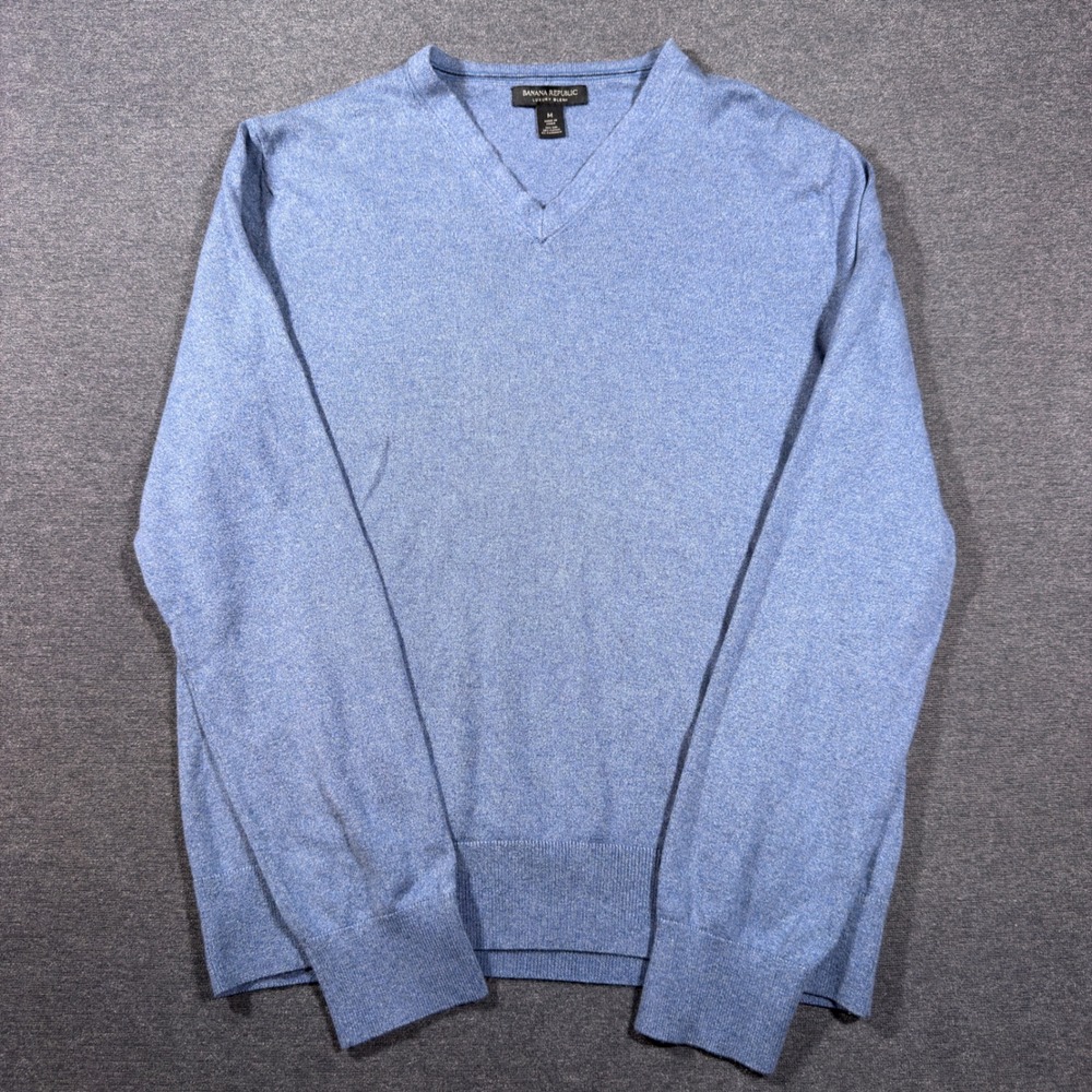 Banana Republic Sweater Mens Medium Blue V-Neck Silk Cotton Cashmere Blend Soft